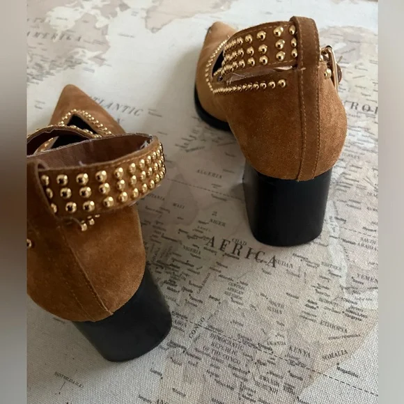 Jeffrey Campbell Free People Studded Suede Chunky Heels Size 9.5 Carmel/Gold - Picture 8 of 11